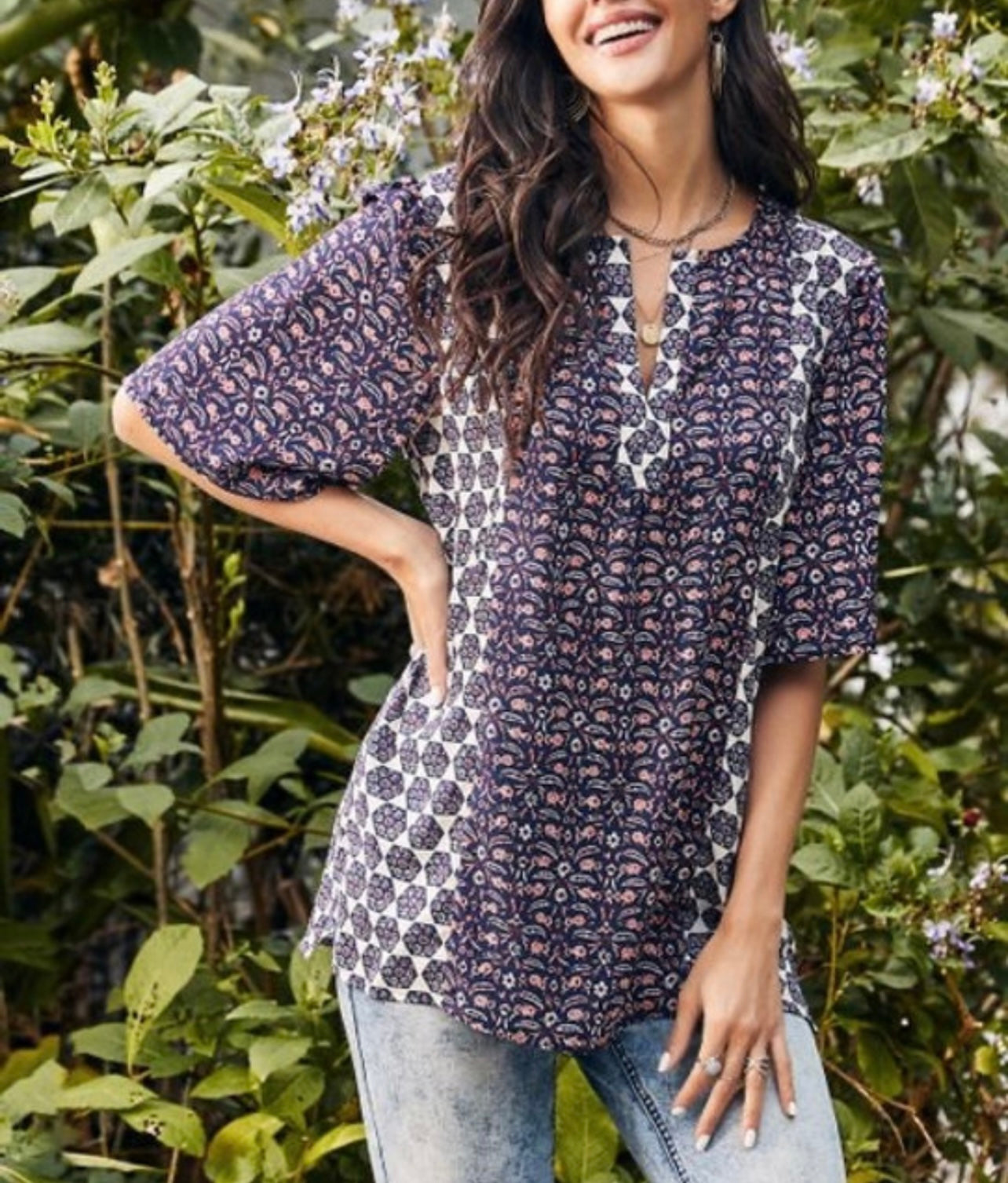 Navy & White Floral Notch Neck Tunic