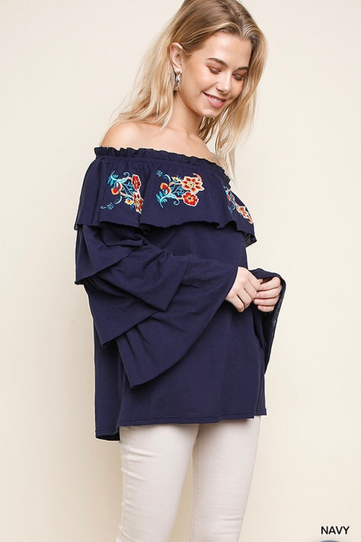Floral Embroidered Ruffle Off Shoulder Top