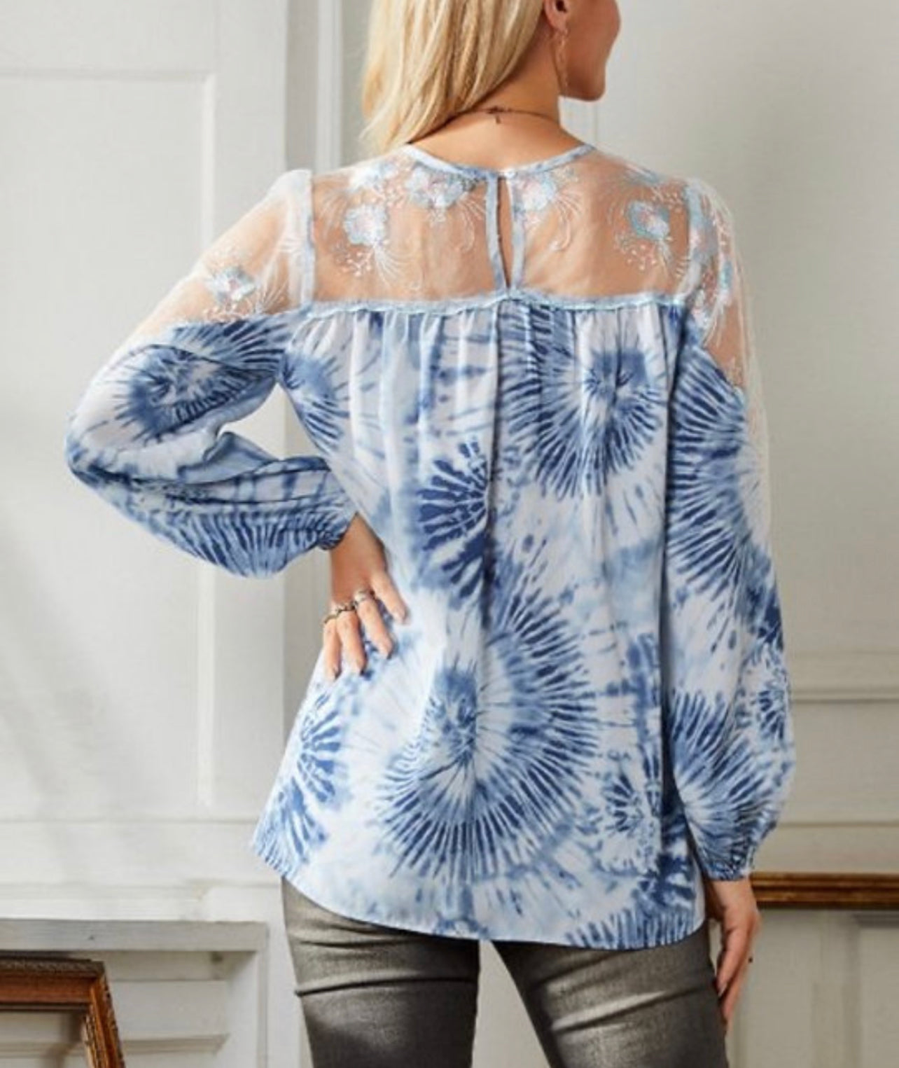 Blue & White Tie-Dye Sheer-Sleeve Tunic