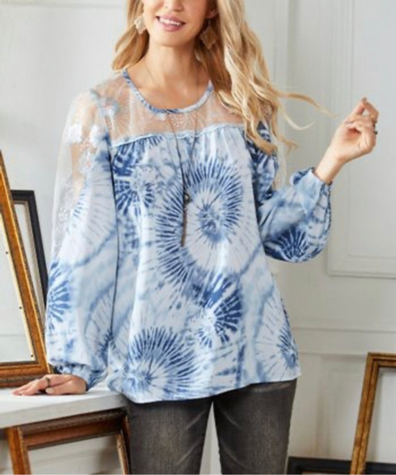 Blue & White Tie-Dye Sheer-Sleeve Tunic