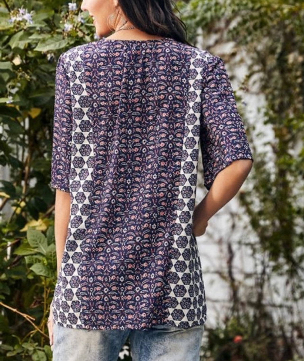 Navy & White Floral Notch Neck Tunic