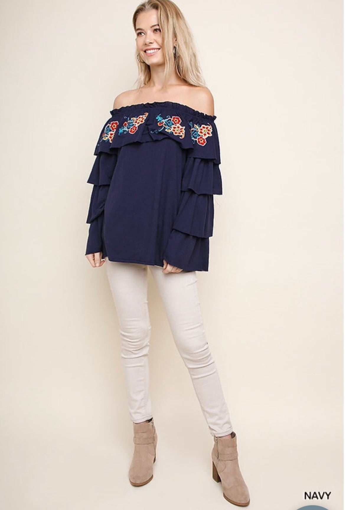 Floral Embroidered Ruffle Off Shoulder Top