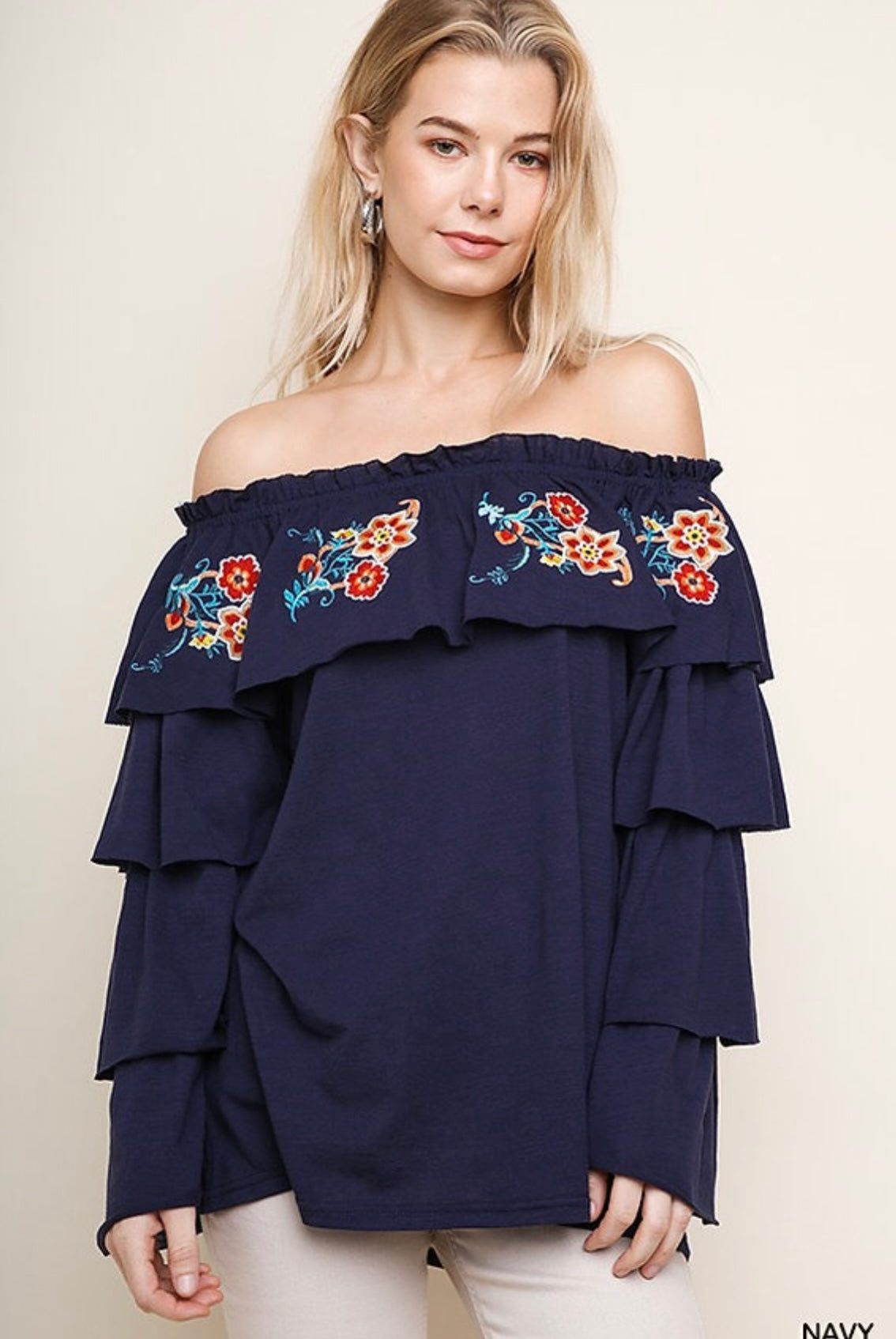 Floral Embroidered Ruffle Off Shoulder Top